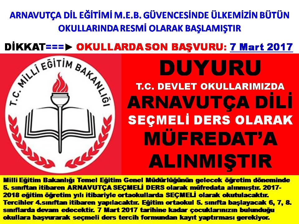 M.E.B. DUYURU: DEVLET OKULLARIMIZDA ARNAVUTÇA DİLİ MÜFREDAT’A ALINMIŞTIR