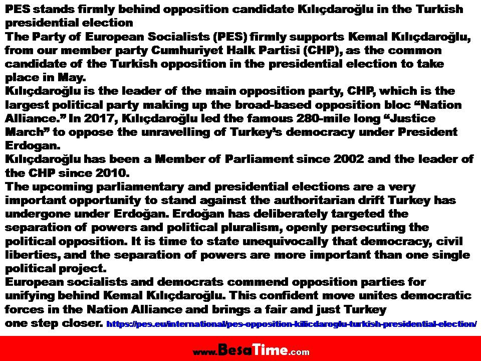 AVRUPALI SOSYALİSTLER PARTİSİ, MİLLET İTTİFAKI’NIN CUMHURBAŞKANI ADAYI KEMAL KILIÇDAROĞLU'NA DESTEK